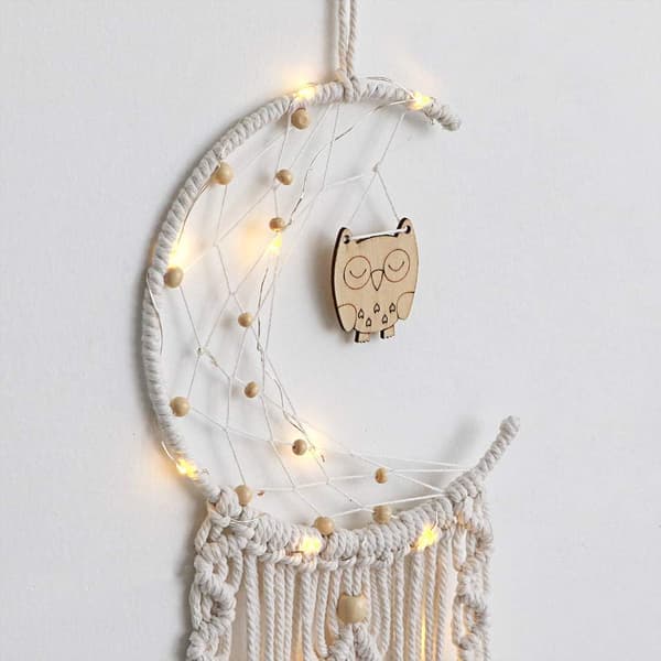 Bohemian Macrame Wall Hanging with LED Light, Cotton Crocheted Dream