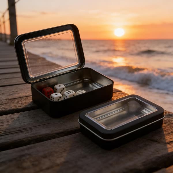7 stk. blikkbokser for spillekort og terninger med vinduslokk, bærbar metallboks