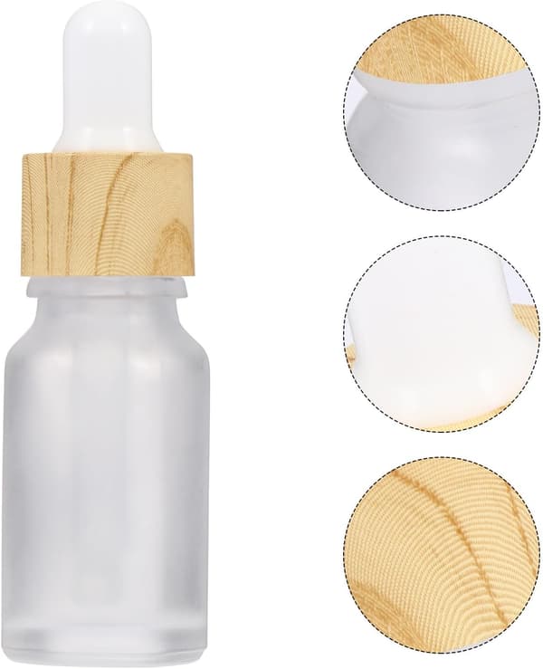 4 st 15 ml frostade påfyllningsbara eteriska oljeflaskor i glas med dropplock med träådring för resor och kosmetisk underförpackning