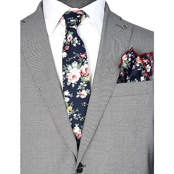 Uformelt, skinny blomsterslipssett for menn med firkantet bomullsslips med blomsterlomme Håndlaget slipssett（2stk）