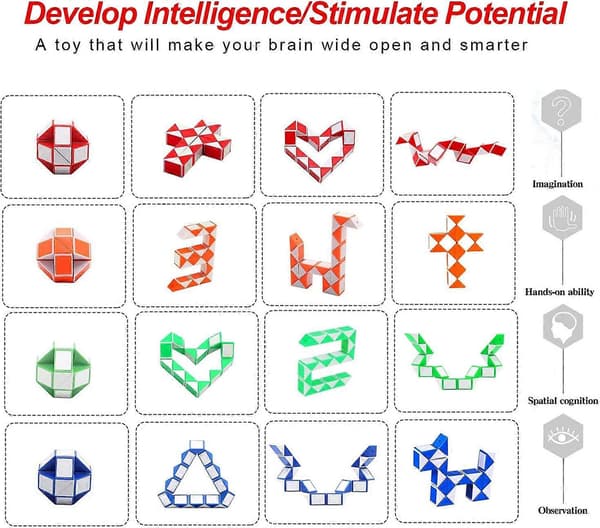 Terninglegetøj - Sæt med 4 12 dele, 24 blokke - Magic Speed Cube / Snake Cube Puzzle / Magic Snake Cube - 3D IQ-legetøj til børn og voksne