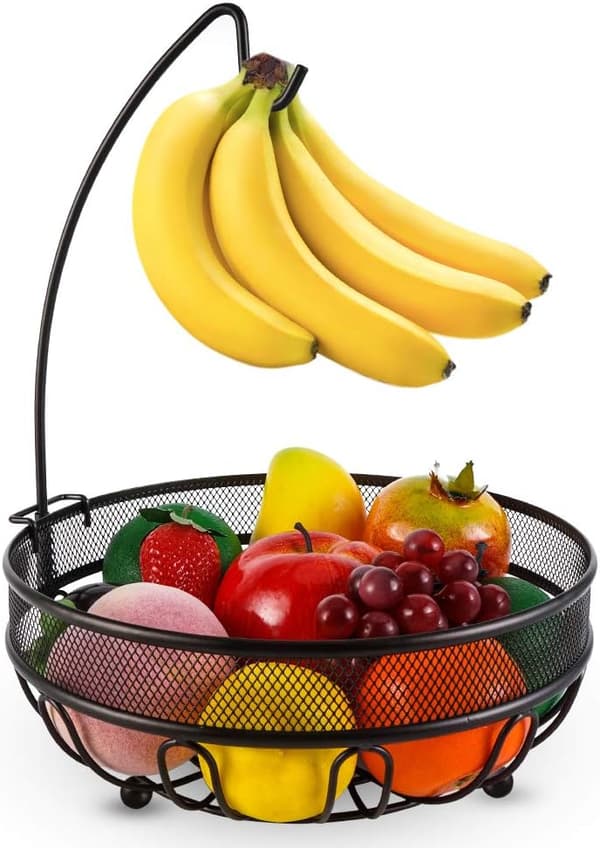 Metal Fruit Basket with Banana Hook, Storage for Vegetables, Bread, and Snacks
