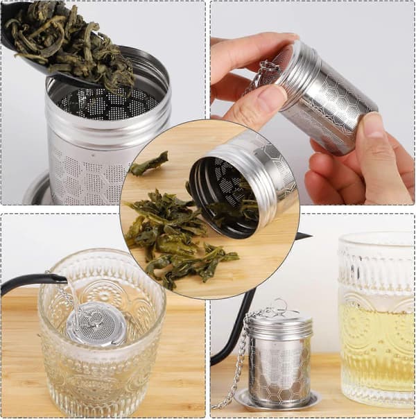 Teinfuser til løs te, tefilter i rustfrit stål, teblads-infuser, finmasket tefilter med låg, kædekrog og drypbakke