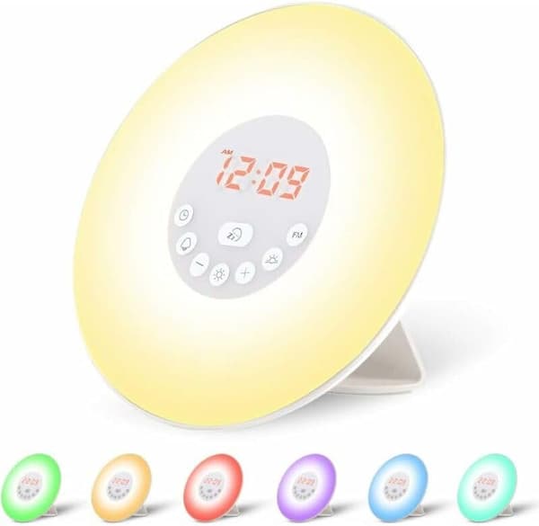 Light-Controlled Alarm Clock Lamp: Simulates sunrise for gentle awakening; features multi-color ambient lighting; large screen with time display.