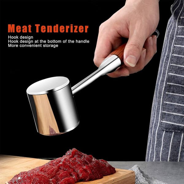 Stainless Steel Meat Tenderizer Mallet, Double-Sided Hammer with Wooden Handle for Beef, Chicken, Pork - Heavy-Duty Kitchen Tool