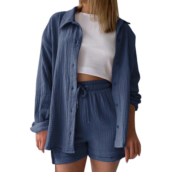 Damtröja och shortsset – Enfärgad långärmad vardagsoutfit*Mörkblå*L Mörkblå L Dark blue L