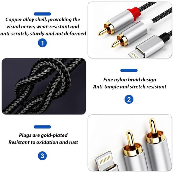 RCA-kabel til iPhone, Lightning til RCA-kabel til iPhone iPad Tablet, Stereo Aux-lydadapter til bil hjemmebiograf effektforstærker, 1M