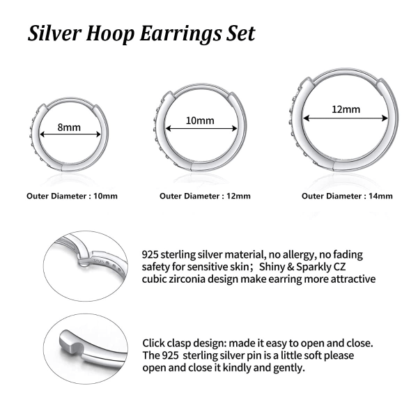 Silver Hoops, Women's Earrings, 3 Pairs, 925 Sterling Silver