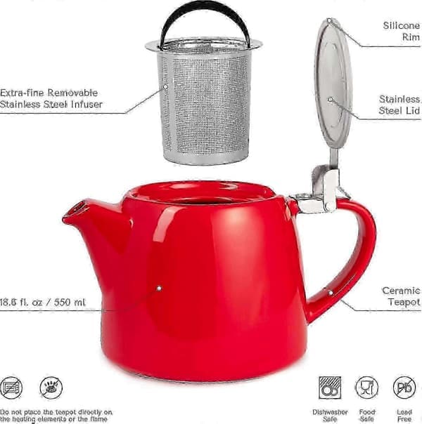 Red Ceramic Teapot for Loose Leaf Tea with Infuser and Lid, 550 ml / 18.6 oz for 1 or 2 People - Good