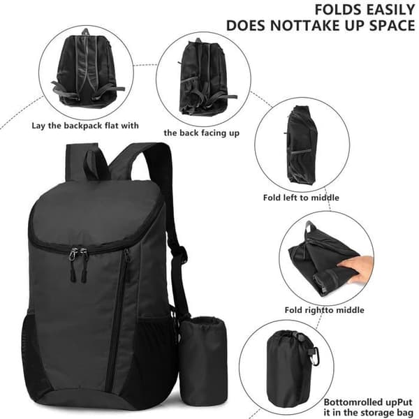 Small, Lightweight, Foldable Hiking Backpack, Waterproof and Packable for Men, Women, and Kids; Durable Sports Backpack, Black