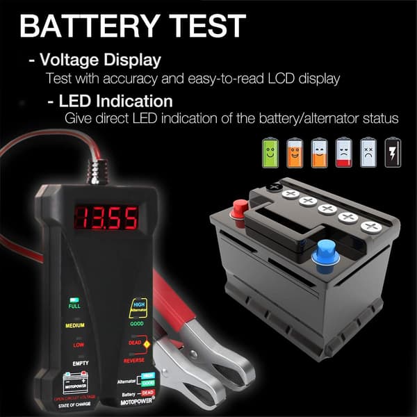12V Digital Batteritester Voltmeter Generator Ladesystem Analysator med LCD-skjerm LED-indikator, Svart Gummikasse