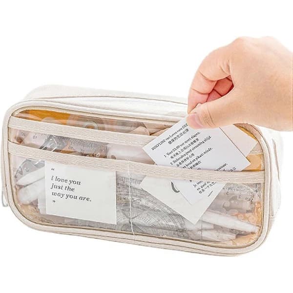 Large Capacity Pencil Case Half Transparent Beige Cute Clear Pen Bag Pencil Pouch Storage, 2 Pcs