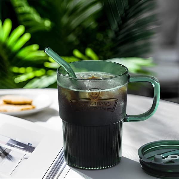 450 ml glas med lock och sugrör, iskaffeglas med sugrör och lock, 2-pack gröna dricksglas med sugrör