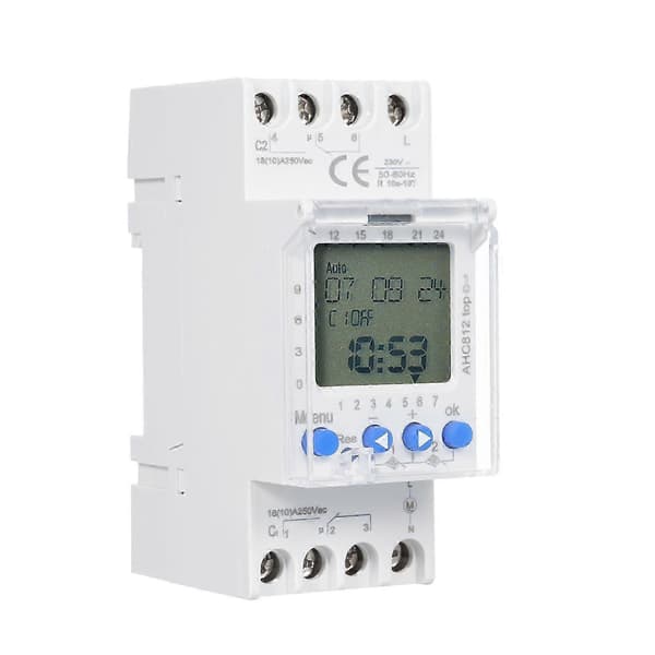 2-kanals digital timer AHC812 16A 230V ugentlig programmerbar DIN-skinne montering tidsstyring