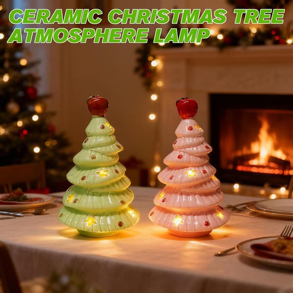 Ceramic Christmas Tree Night Light Set (2-pack) - 16.5 cm Glowing Table Decoration with Apple Ornaments, Christmas Gift