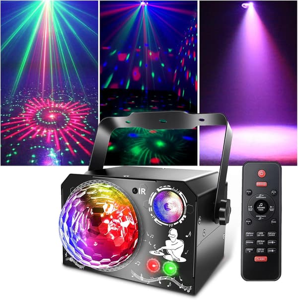 4-i-1 scenelys, discolys med fjernkontroll og strobe, 65 RGB- og UV-lyseffekter, USB-opplyst discomusikk, stemme