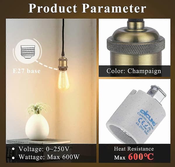 E27 Lampeholder, Edison Retro Pendellampe, Solid Keramisk Adapter, 4 Deler Champagne Gull Sokkel