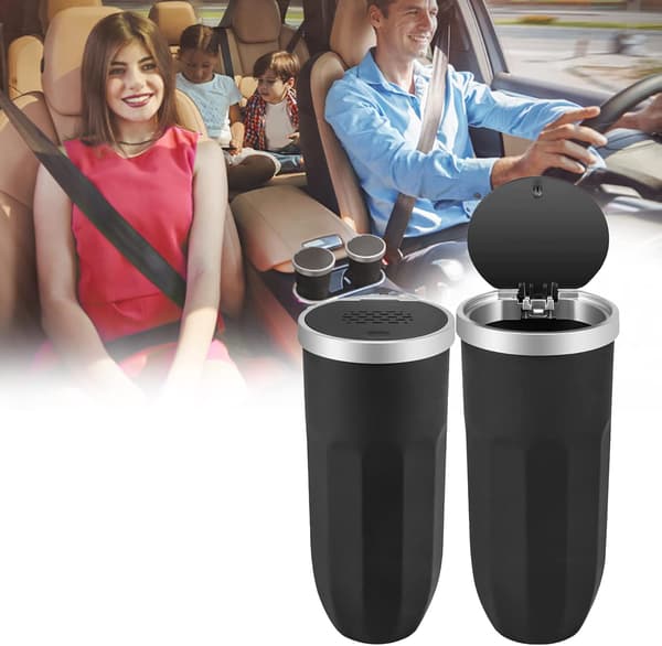 Black Mini Car Trash Can with Lid, Portable Car Trash Can with Aromatherapy Tablets, Car Cup Holder Mini Dustbin