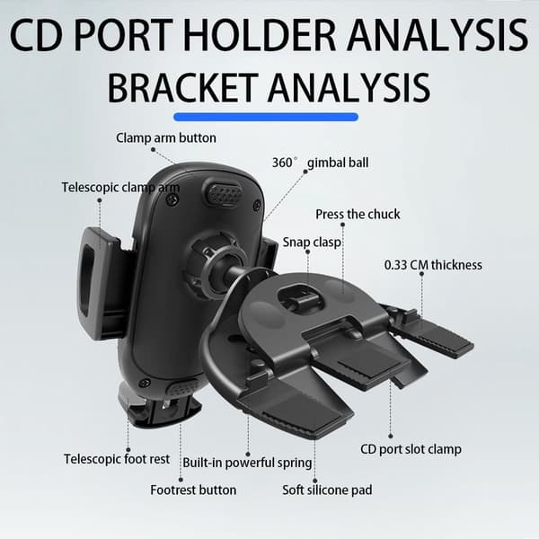 Bil CD-afspiller telefonholder, universalbeslag med justerbar klemme, 360° rotation (sort)