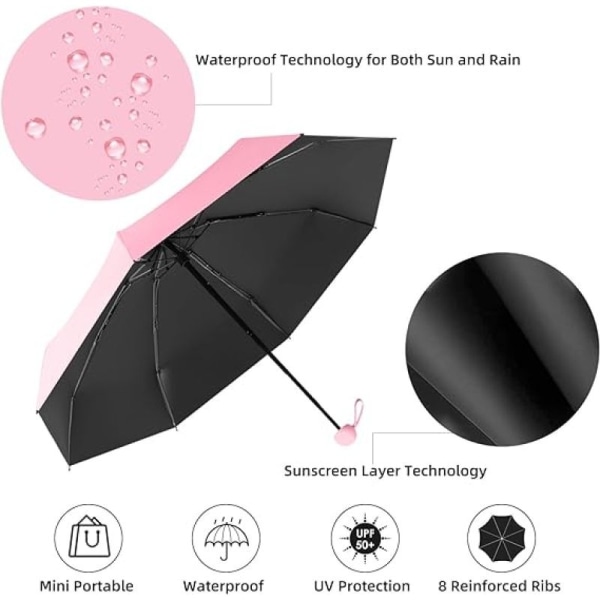 Rejseparaply - Mini foldebar kompakt paraply med etui, 8 ribben letvægts bærbar paraply, lille sol- og regnlommeparaply