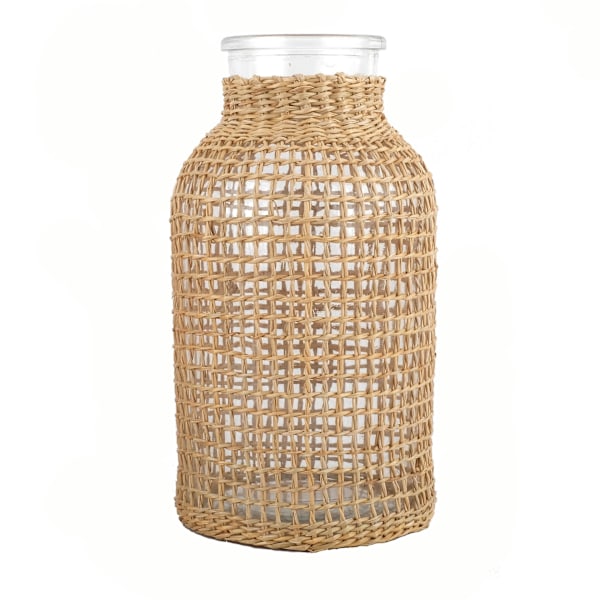 Boho Glasblomvas med Rattanöverdrag, Farmhouse Blomknoppsvas, Rund Dekorativ Blomvas Blomsterbehållare Blomsterflaska