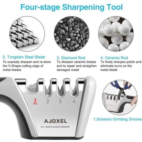 Professional Knife Sharpener, 4-in-1 Kitchen Knife and Scissor Sharpener with Non-Slip Rubber