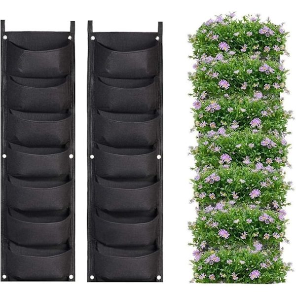 Hängande Planterpåsar, 2-pack 7 Fack Hängande Vertikal Väggplanteringsväskor Utomhus Inomhus Trädgårdsskötsel Vertikal (Svart)