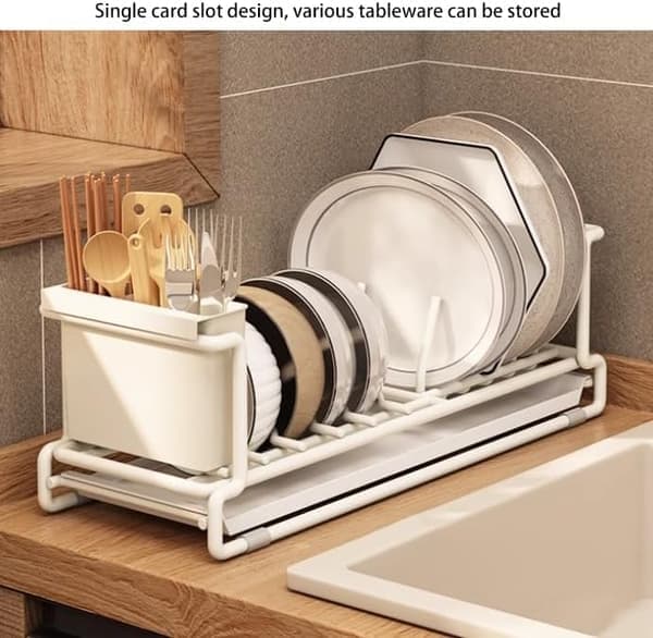 Large Extendable Dish Rack - Stainless Steel Kitchen Organizer with Cutlery and Cup Holder, Space-Saving [Ho]