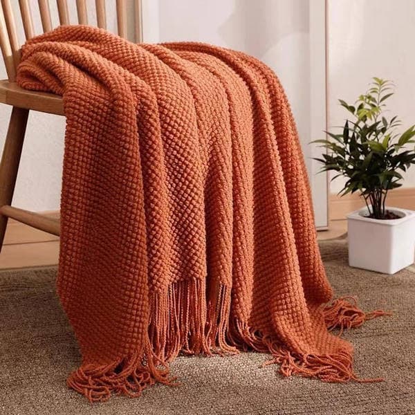 Frynset tæppe til sofa 130x180 cm Åndbart Blødt Vævet Plaid Brun Rød Efterårstæppe til Kontor Stue Soveværelse