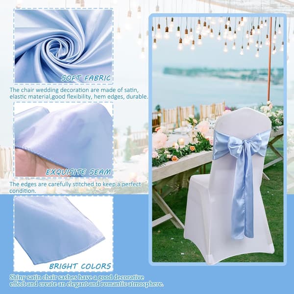 50 Blue Satin Chair Sashes with Elastic Bows for Wedding, Party Decoration Blue blå