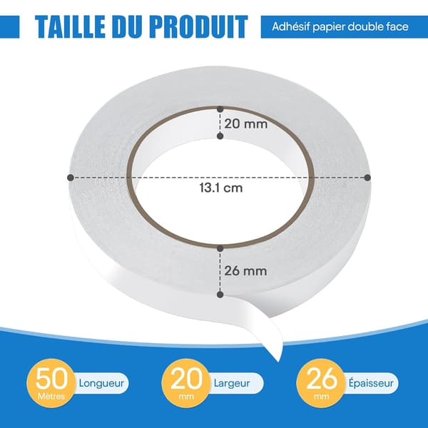 Double-sided tape, 20 mm wide, 50 m long, extra strong double-sided outdoor white multifunctional strong tape
