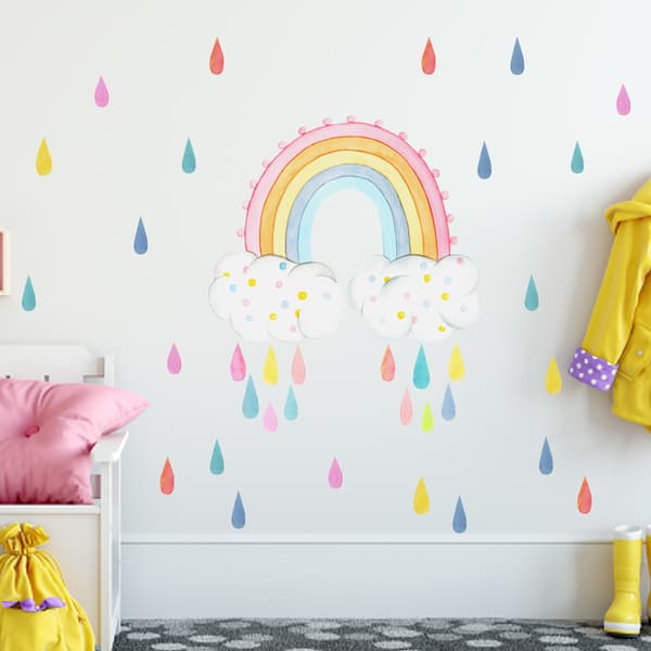 1 st färgglad regnbåge moln regn väggdekal, väggdekal för barn/barnrum, DIY regnbåge väggdekal för flickrumsinredning