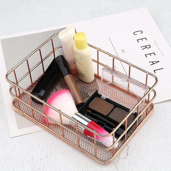 Rose Gold Mesh Basket - Hollow Iron Makeup Brush Holder, Multifunctional Desktop Organizer for Kitchen and Bathroom