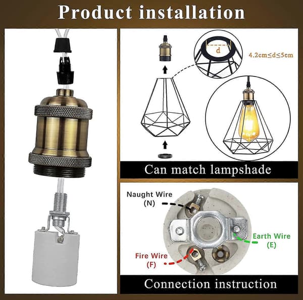 E27 Lampeholder, Edison Retro Pendellampe, Solid Keramisk Adapter, 4 Deler Champagne Gull Sokkel