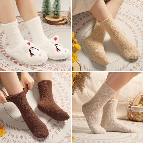 ILovDaisy Bløde Sengesokker til Kvinder og Piger 5/6 Par, Dame Efterår Vinter Varme Fleece Halloween Sokker Hyggelige Fluffy Sokker til Valentinsdag