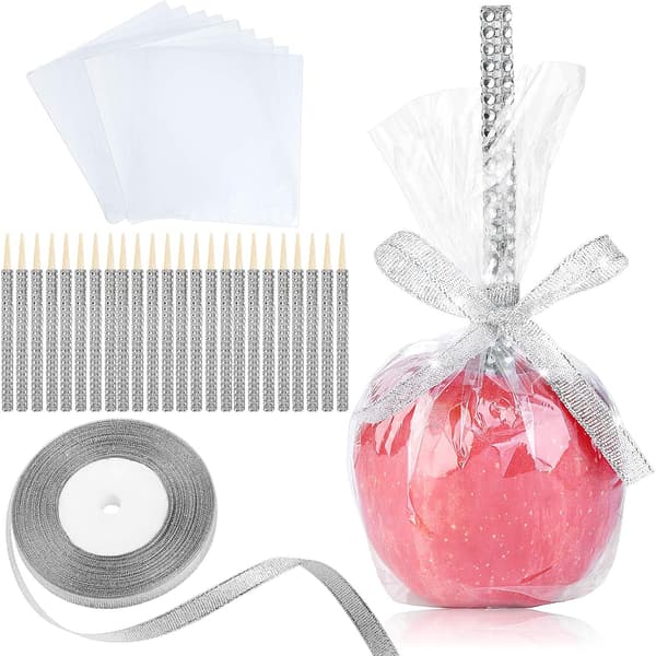 1 sæt Candy Apple Bambuspinde, Karamelæble Træ Bling Spidse Spyd, Madpinde med Cellofanpose Glitterbånd (Sølv)