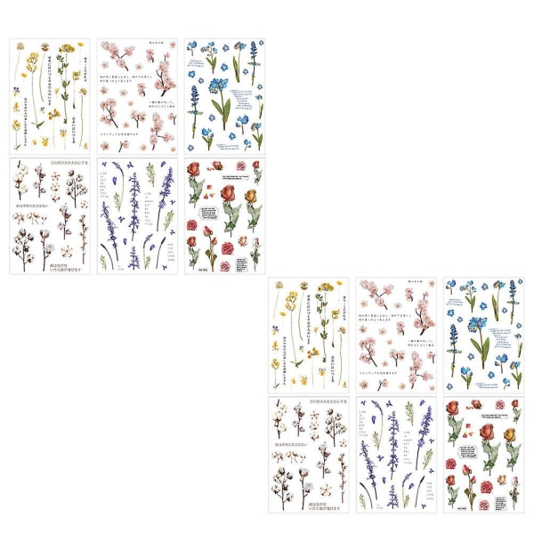 12 Ark Blommiga Dekaler Washi Planner Dekaler Självhäftande Dekal Växt Dekal Fotoalbum Klistermärke 10X15CM