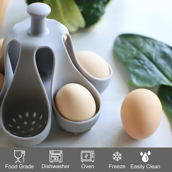 Silicone Egg Cooker with Handle - 6 Compartment Soft Boiled Egg Poacher & Serving Rack, Dishwasher Safe Food Grade Kitchen Utensil
