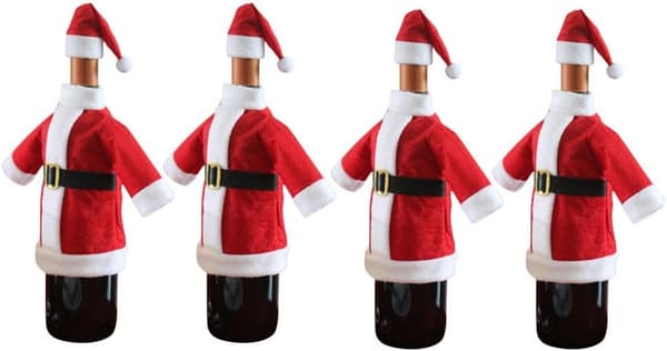 4-pack Jultomte Vinflaskfodral och Kläder för Alla Standard Vinflaskor, Jultema Tomtedräkt och Hattdesign