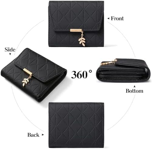 Women's Leather RFID Blocking Card Holder Compact Wallet Zipper Coin Pocket with ID Window