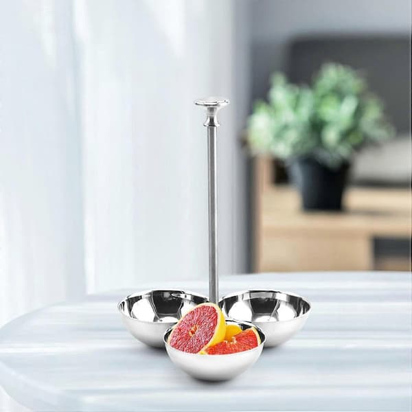 Snacks- og krydderboller i rustfritt stål med 3 rom og stativ, tåler oppvaskmaskin