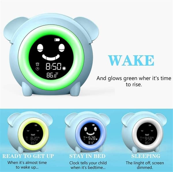 Børnevækkeur, Toddler Sleep Training Clock med natlampe, søvnlydsmaskine, lur-timer, elektrisk sengebordsur med USB