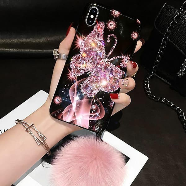 Compatible with iPhone 13 Pro Max Case, BabeMall Luxury Stylish DIY Handmade Bling Diamond Fur Plush Ball Strap Chain Protective Case (Pink)
