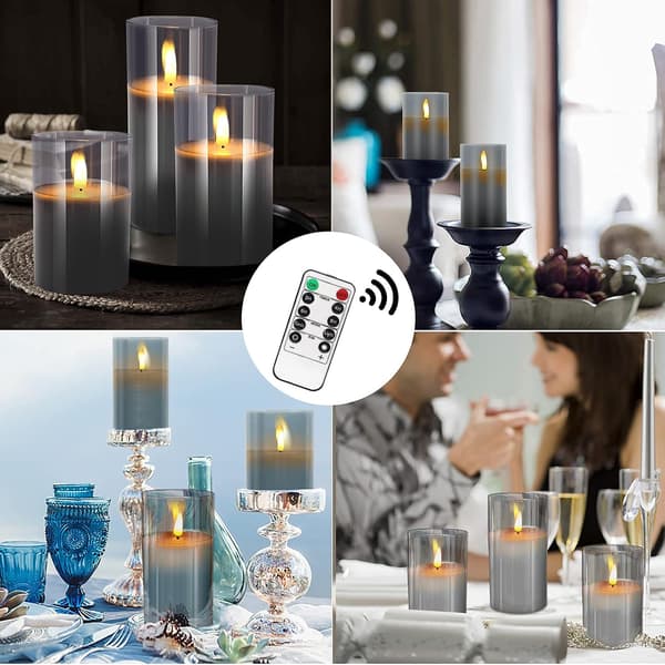 Sett med 3 grå flamfrie glasslys (D: 3  \"X H: 4 \"/5  \")