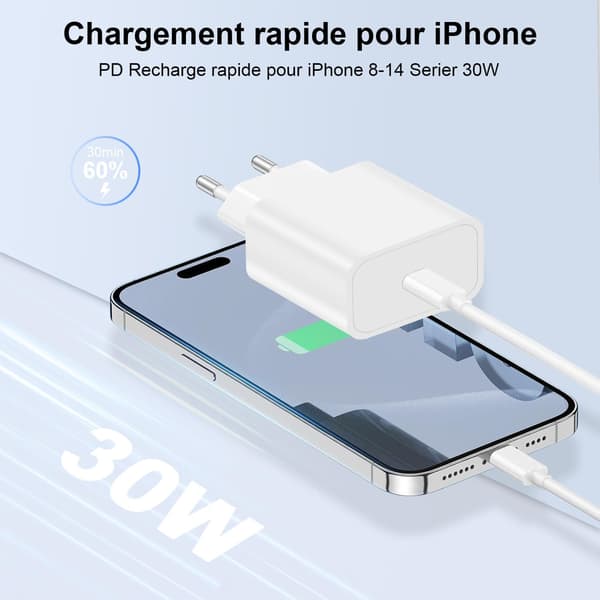 30W iPhone hurtiglader med 2 meter, kompatibel med iPhone 14 Pro Max / 14 Plus / 14 Pro / 14 / 13 Plus /SE / Mini / X / XS / XR / SE / 8 /iPad