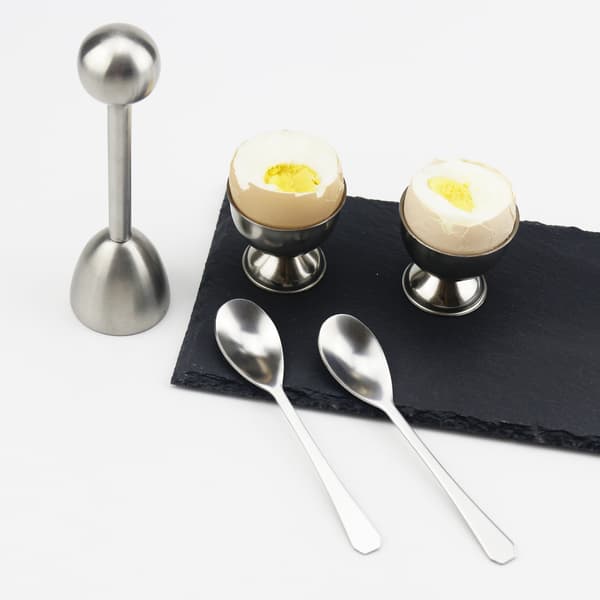 Egg Topper Sett for Eggkopper for Myke og Hardkokte Egg Inkluderer 2 Eggkopper, 2 Skjeer, 1 Topper Kutter, Skreller, Eggåpner