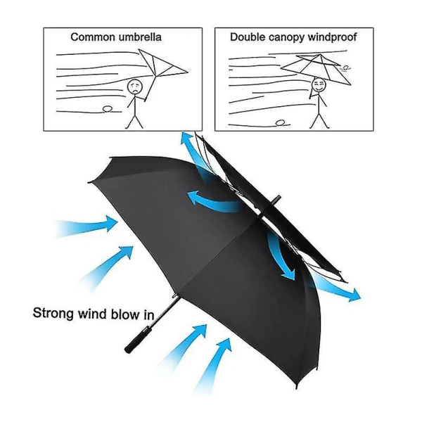 Stort golfparaply, 30 tum, dubbelkapell automatisk öppen, vindskydd, stort golfparaply