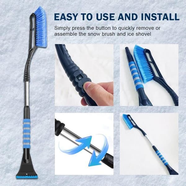 2-in-1 Car Ice Scraper - Scraper + Telescopic Non-Slip Brush - For SUV/Trucks - Detachable and Blue