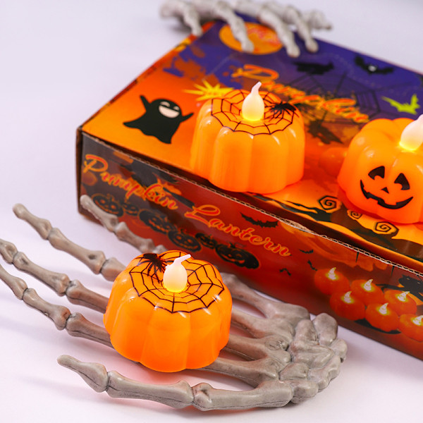 Halloween Pumpa-Teeljusdekorationer med Spindelnätsdekor, 12-pack LED Orange Pumpa Ljus Flammlösa Ljus