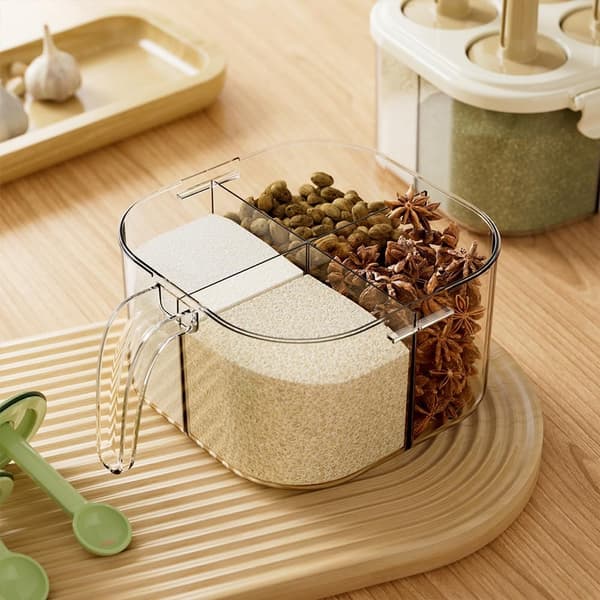 Spice Box with 4 Compartments with Lid and Spoons — Transparent Container for Spices / Kitchen Spice Jar (for Salt, Sugar, Pepper) — Green